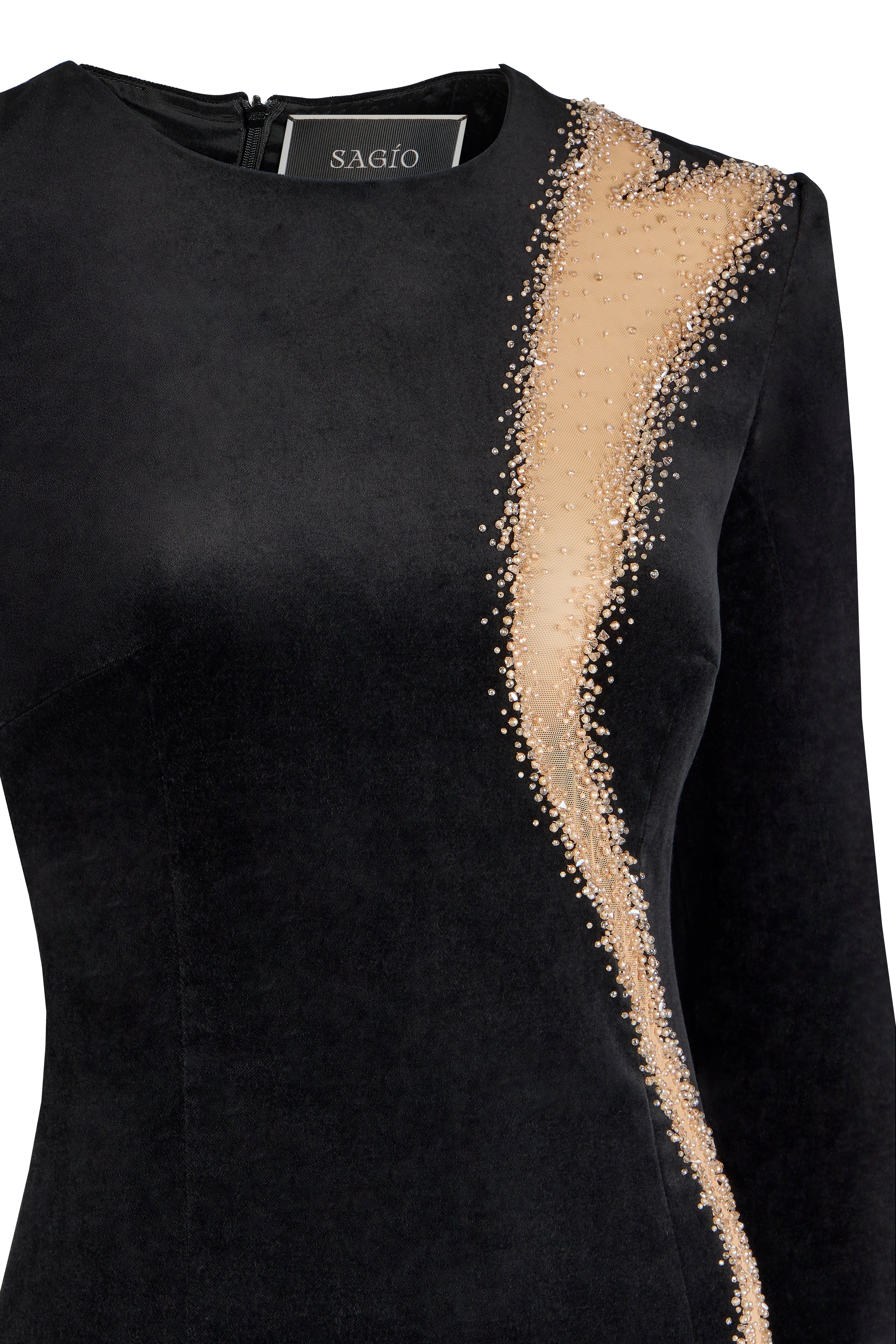 ROBE NOIRE EN VELOURS AVEC BRODERIE DESSIN AU TRAIT