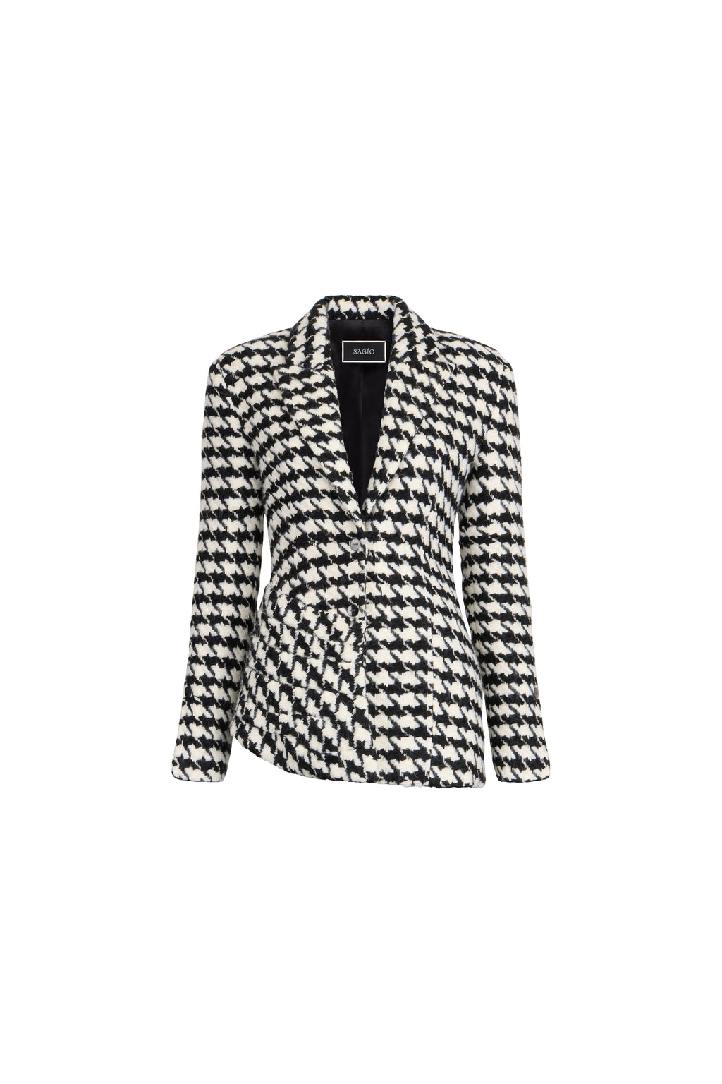 A women's long-sleeve blazer featuring a black and white houndstooth pattern, presented on a clean white background.