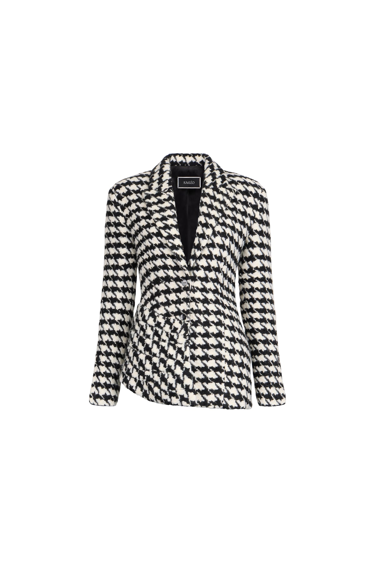 A women's long-sleeve blazer featuring a black and white houndstooth pattern, presented on a clean white background.