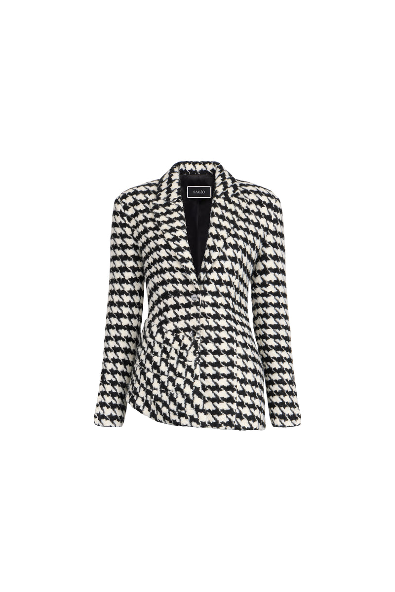 A women's long-sleeve blazer featuring a black and white houndstooth pattern, presented on a clean white background.