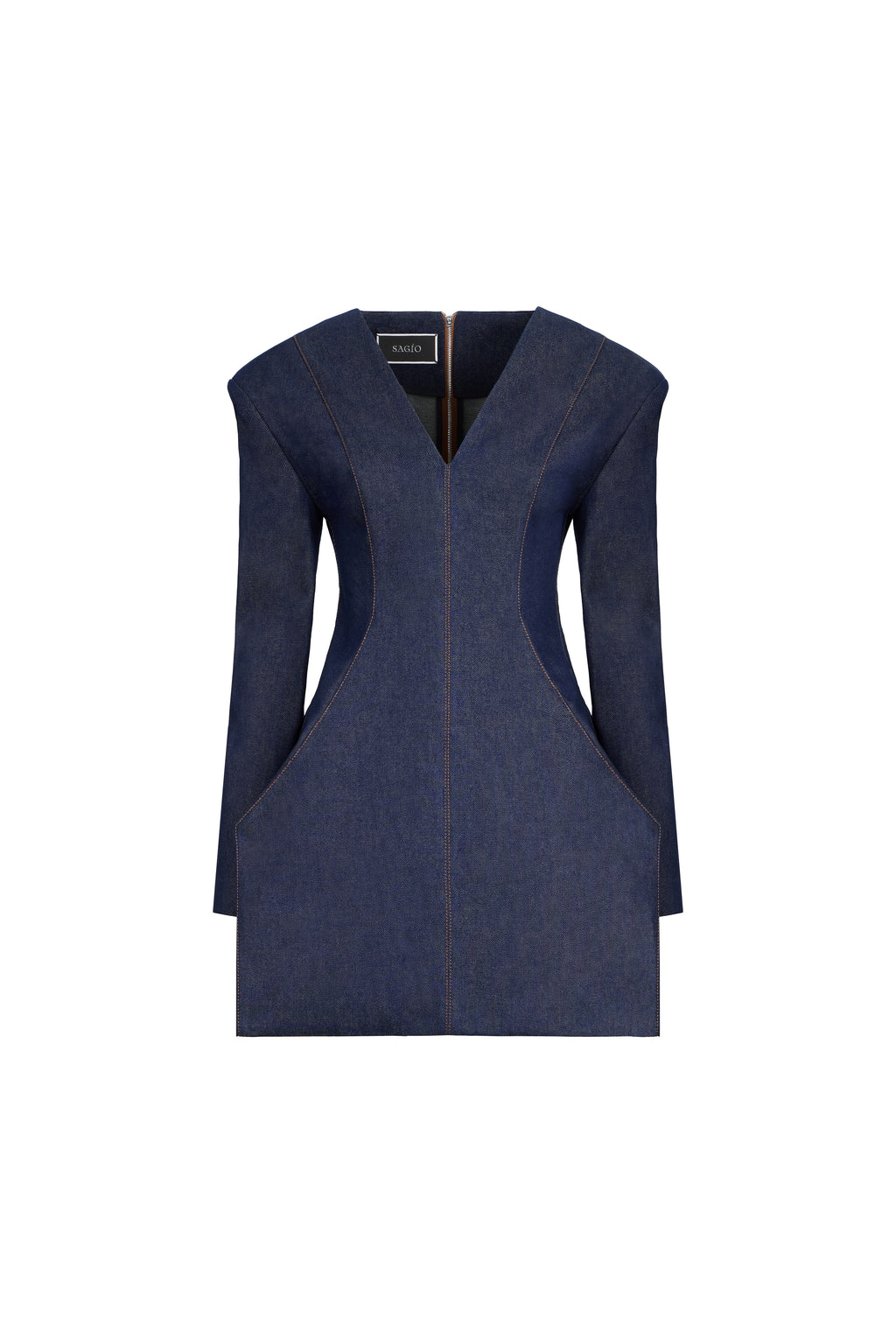 A navy blue sleeveless denim vest with a V-neckline and distinctive curved side cutouts, shown against a plain white background.