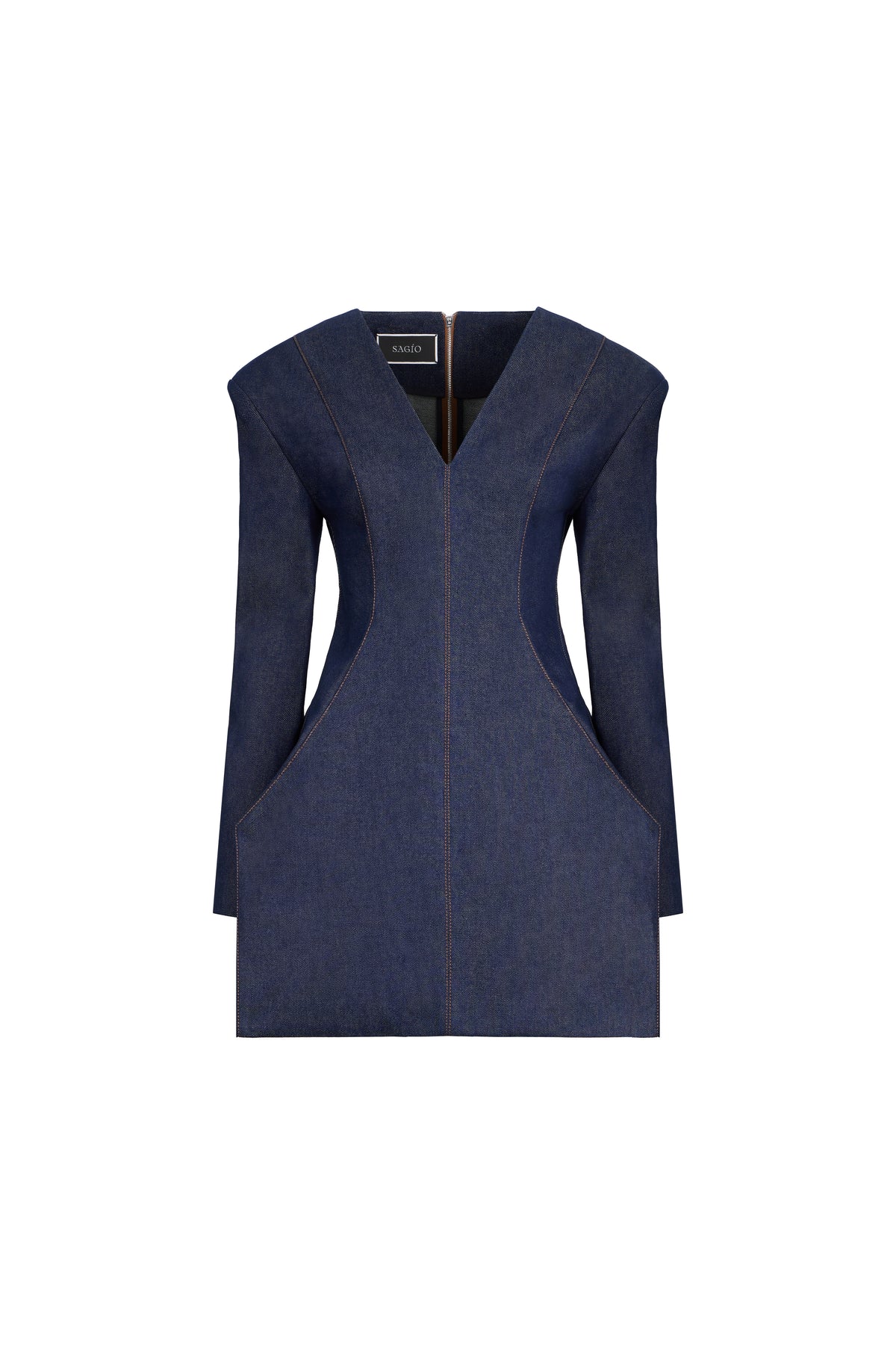 A navy blue sleeveless denim vest with a V-neckline and distinctive curved side cutouts, shown against a plain white background.