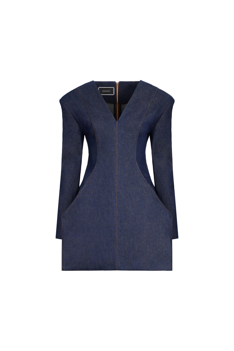 A navy blue sleeveless denim vest with a V-neckline and distinctive curved side cutouts, shown against a plain white background.