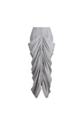 A light gray, half-leather draped skirt with a structured waistband and cascading gathered folds, shown against a plain white background.