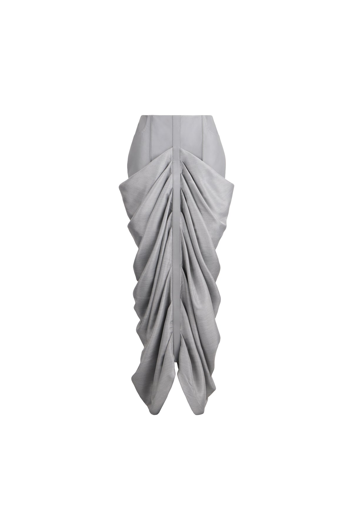 A light gray, half-leather draped skirt with a structured waistband and cascading gathered folds, shown against a plain white background.