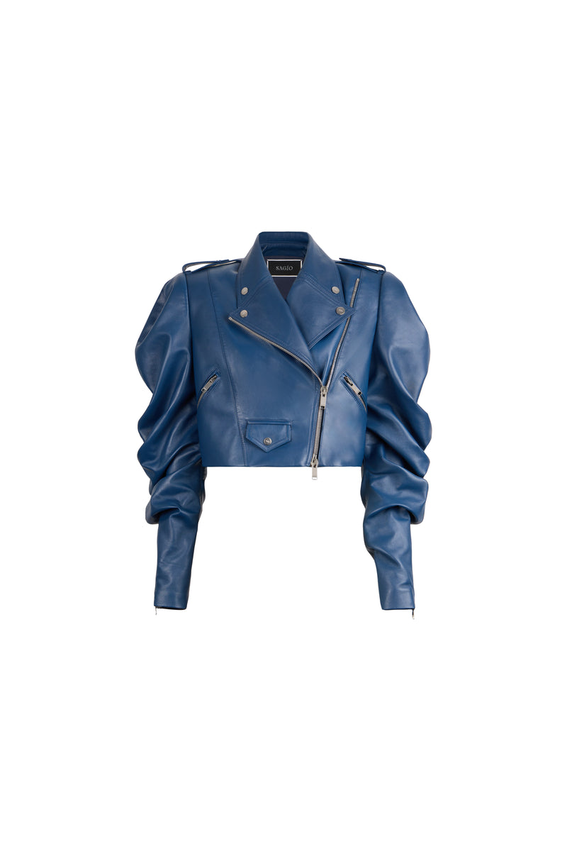 A cropped blue leather moto jacket with dramatic puffed sleeves, an asymmetrical zipper, and shoulder epaulets, shown against a plain white background.