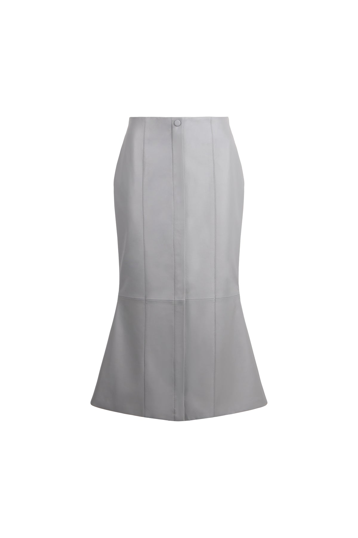 A light gray structured pencil skirt with a button closure at the waistband, displayed on a solid white background.