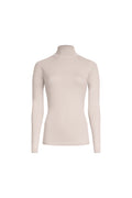 Classic Merino Turtleneck in Beige, front view of a fitted long sleeve fine knit sweater with soft stand collar