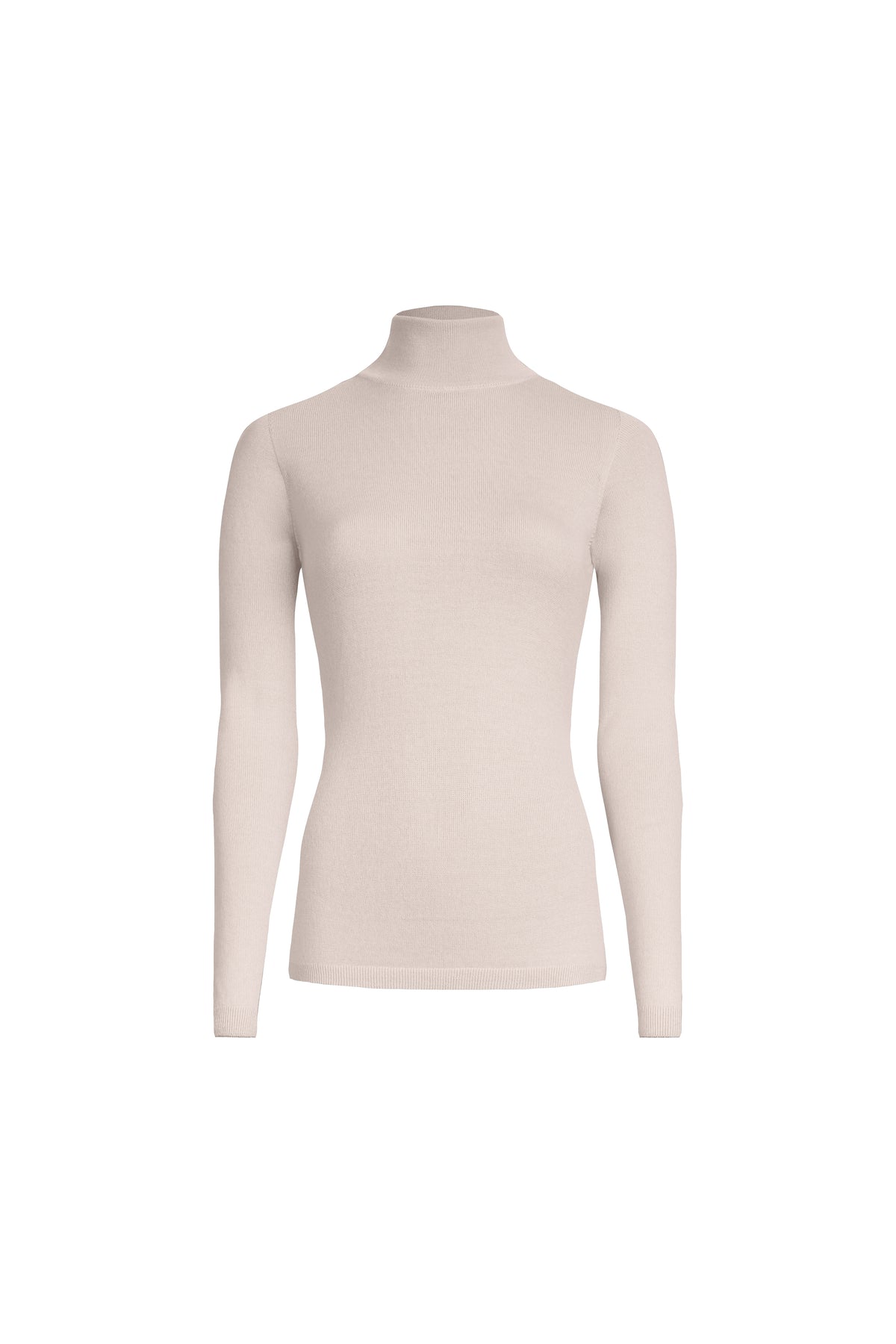 Classic Merino Turtleneck in Beige, front view of a fitted long sleeve fine knit sweater with soft stand collar