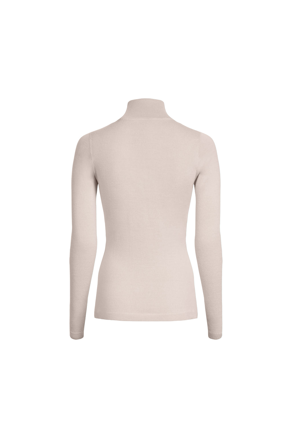 Classic Merino Turtleneck in Beige, back view of a fitted long sleeve fine knit sweater with soft stand collar