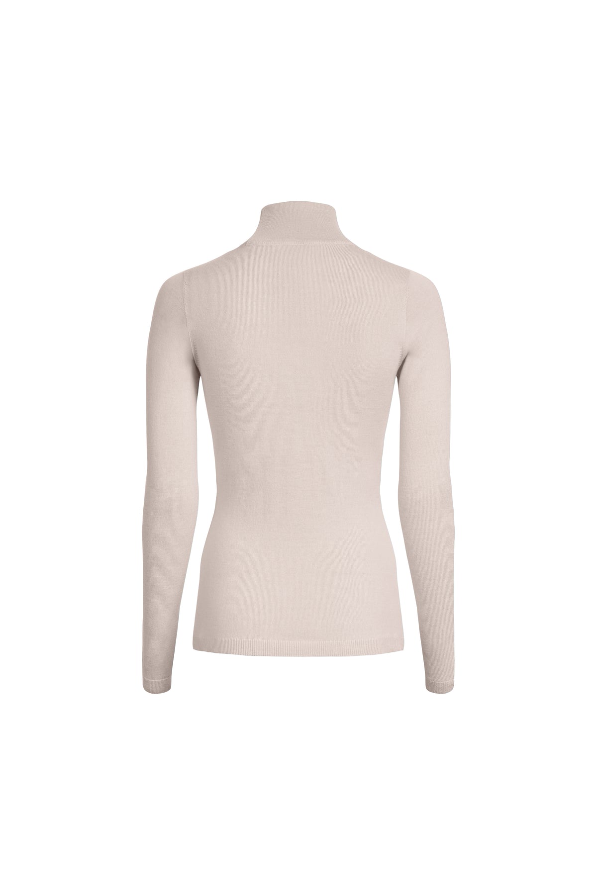 Classic Merino Turtleneck in Beige, back view of a fitted long sleeve fine knit sweater with soft stand collar