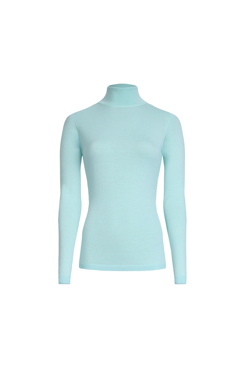 Clear aqua merino wool classic turtleneck front view on light background