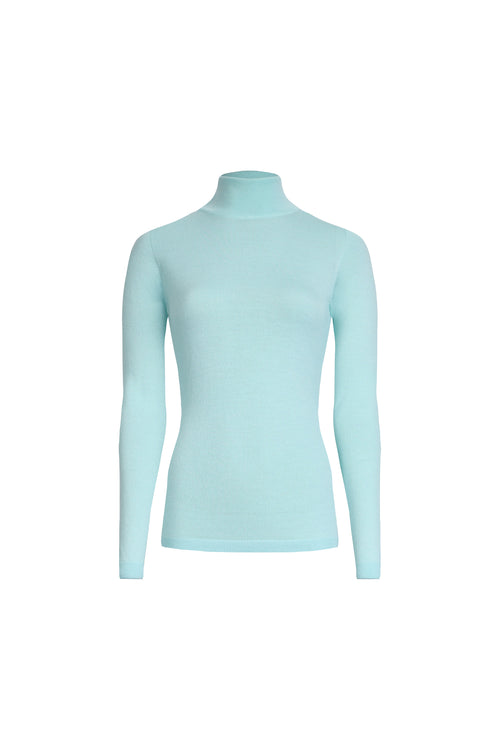 Clear aqua merino wool classic turtleneck front view on light background