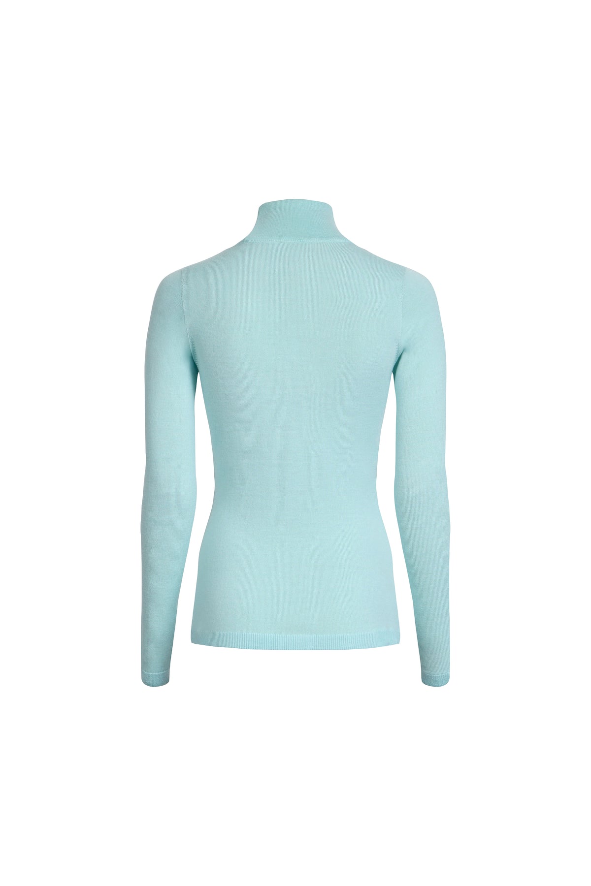 Clear aqua merino wool classic turtleneck back view on light background