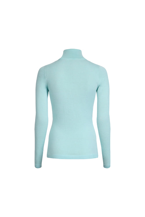 Clear aqua merino wool classic turtleneck back view on light background