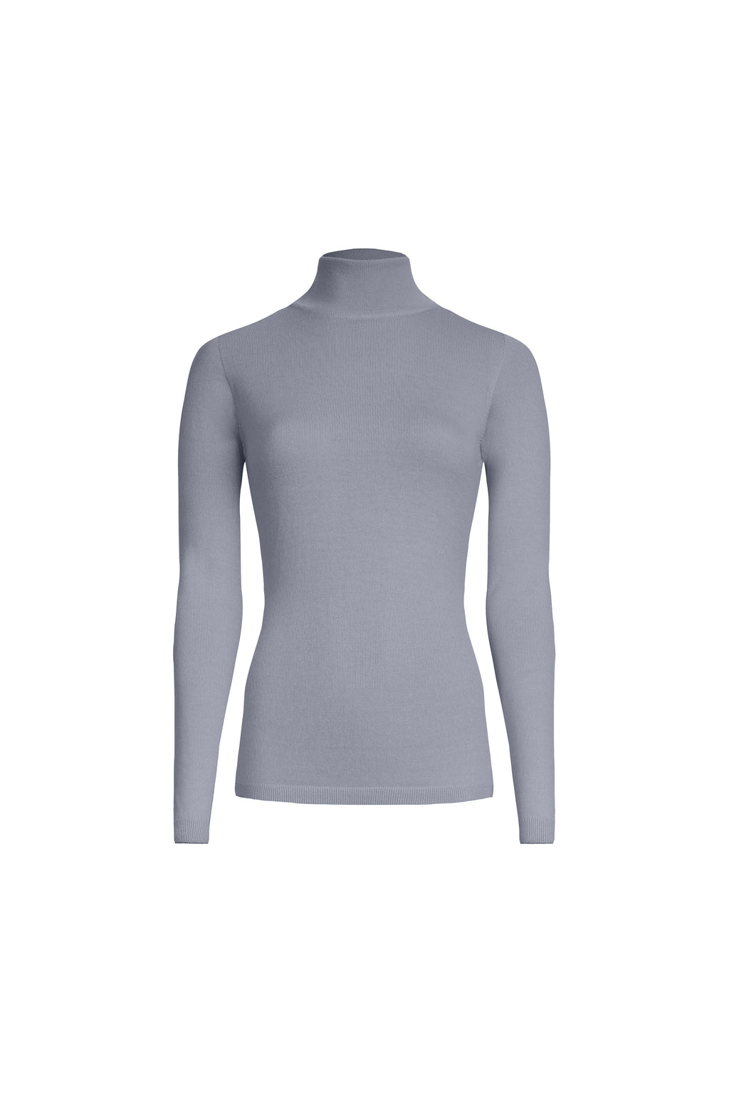 Grey merino wool turtleneck sweater with soft stand collar, front view
