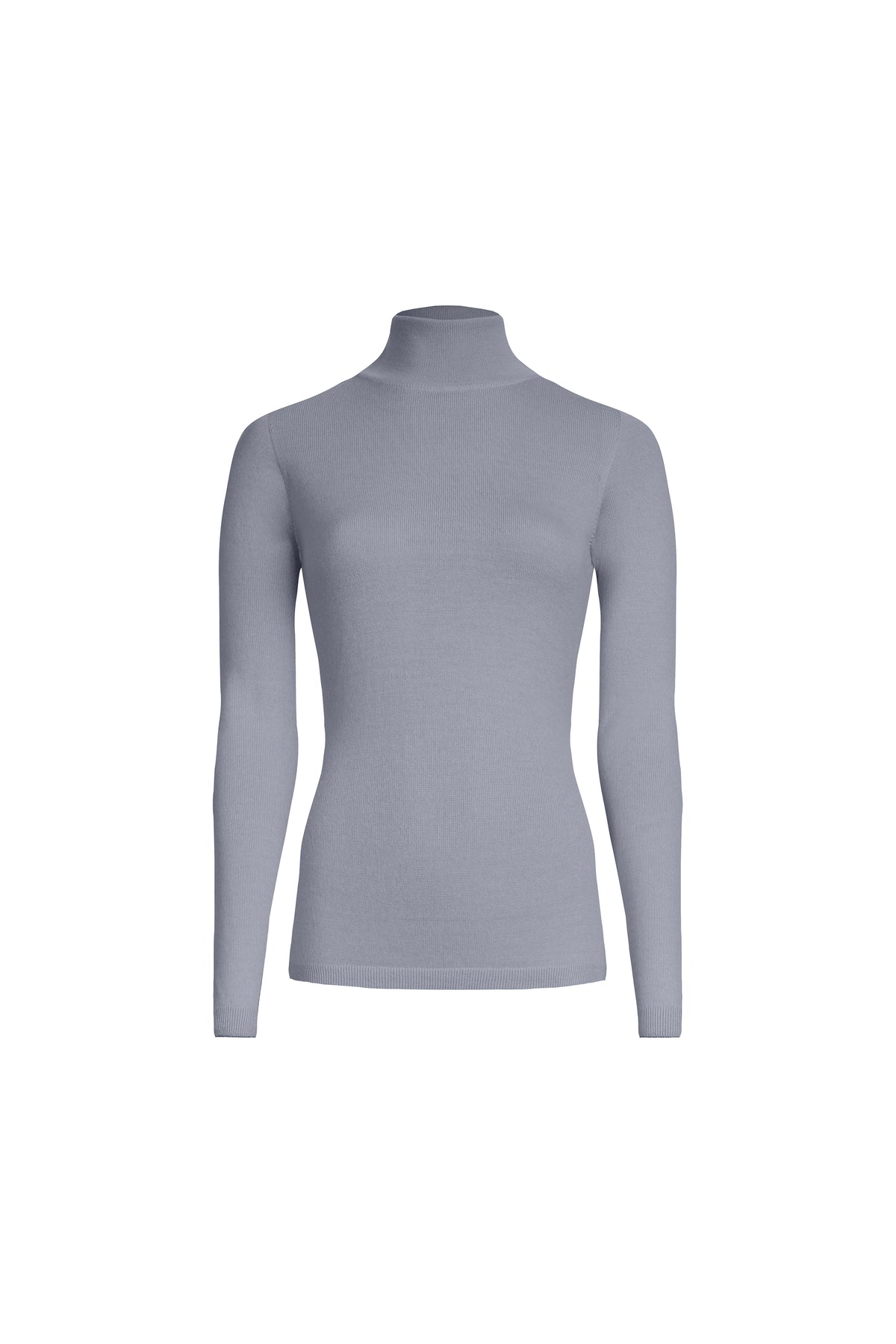 Grey merino wool turtleneck sweater with soft stand collar, front view