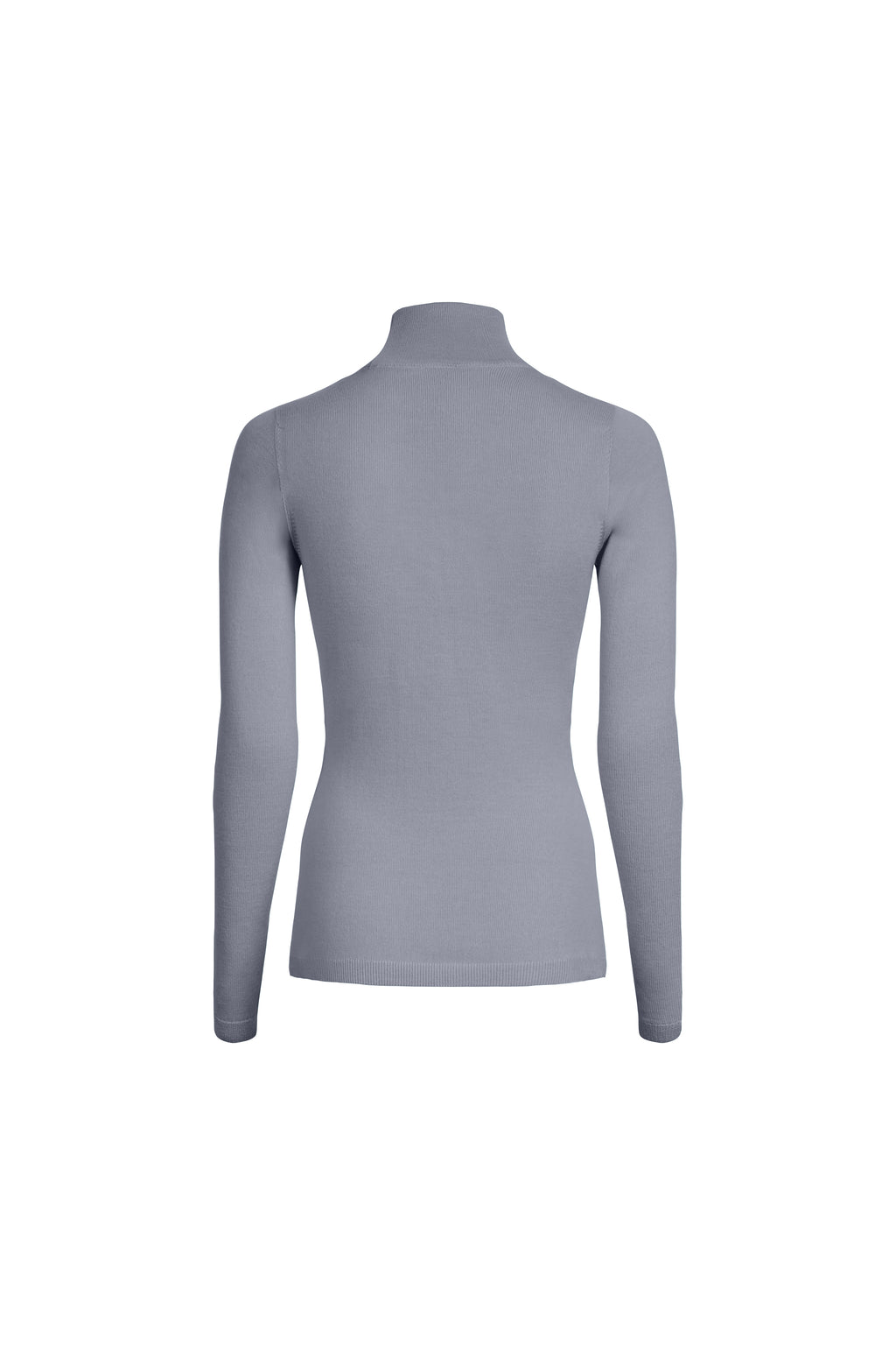 Grey merino wool turtleneck sweater with soft stand collar, back view