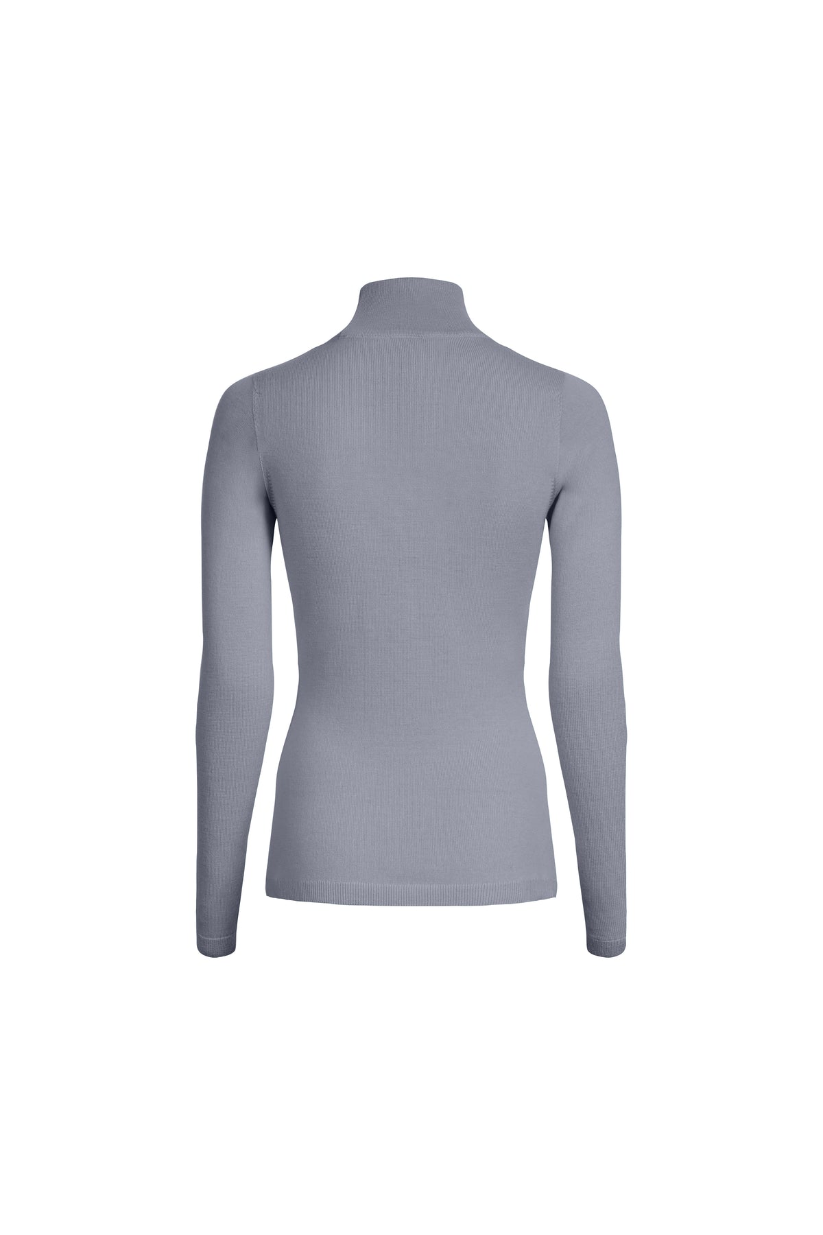 Grey merino wool turtleneck sweater with soft stand collar, back view