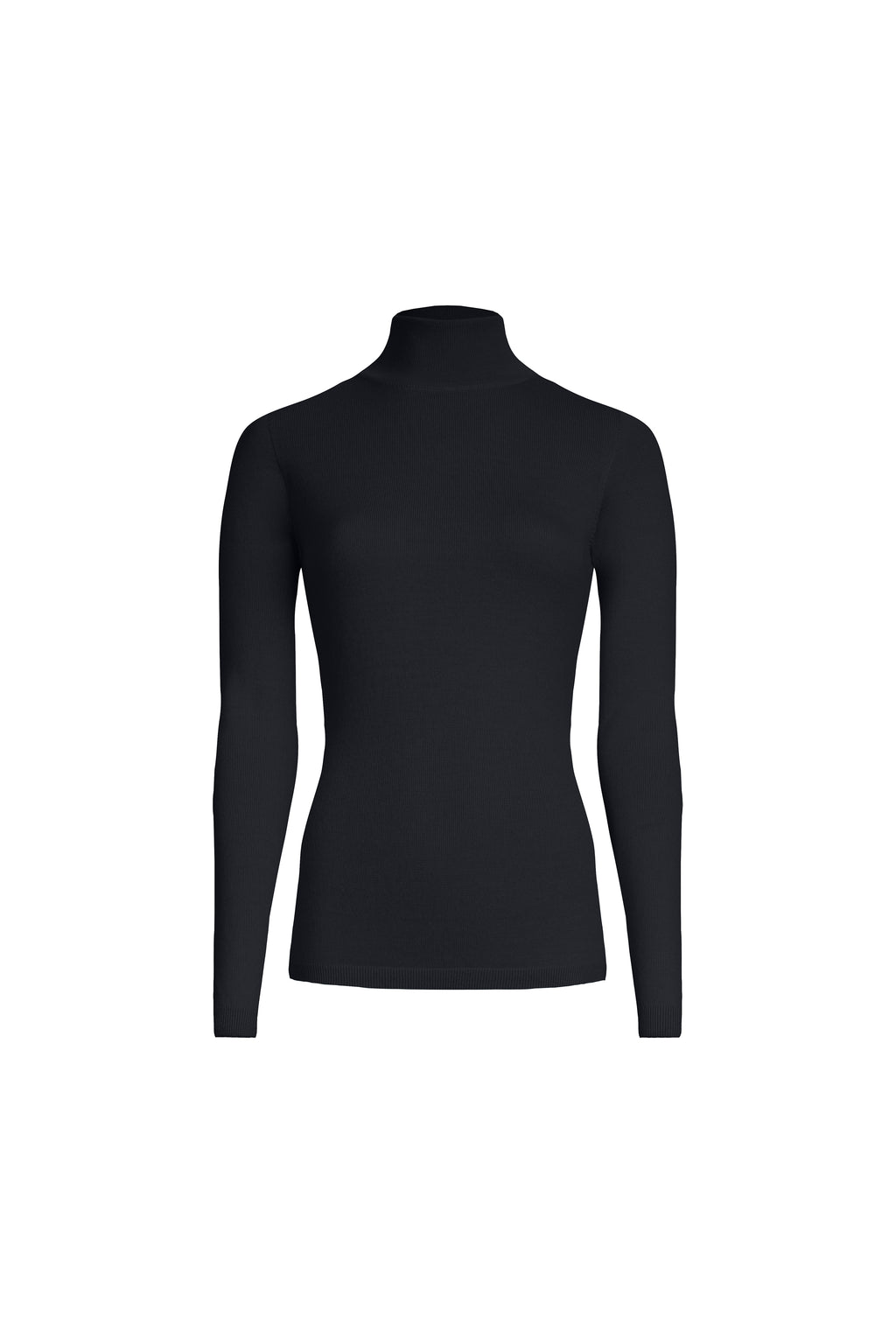 Black classic merino wool turtleneck with elongated silhouette and soft stand collar, front view