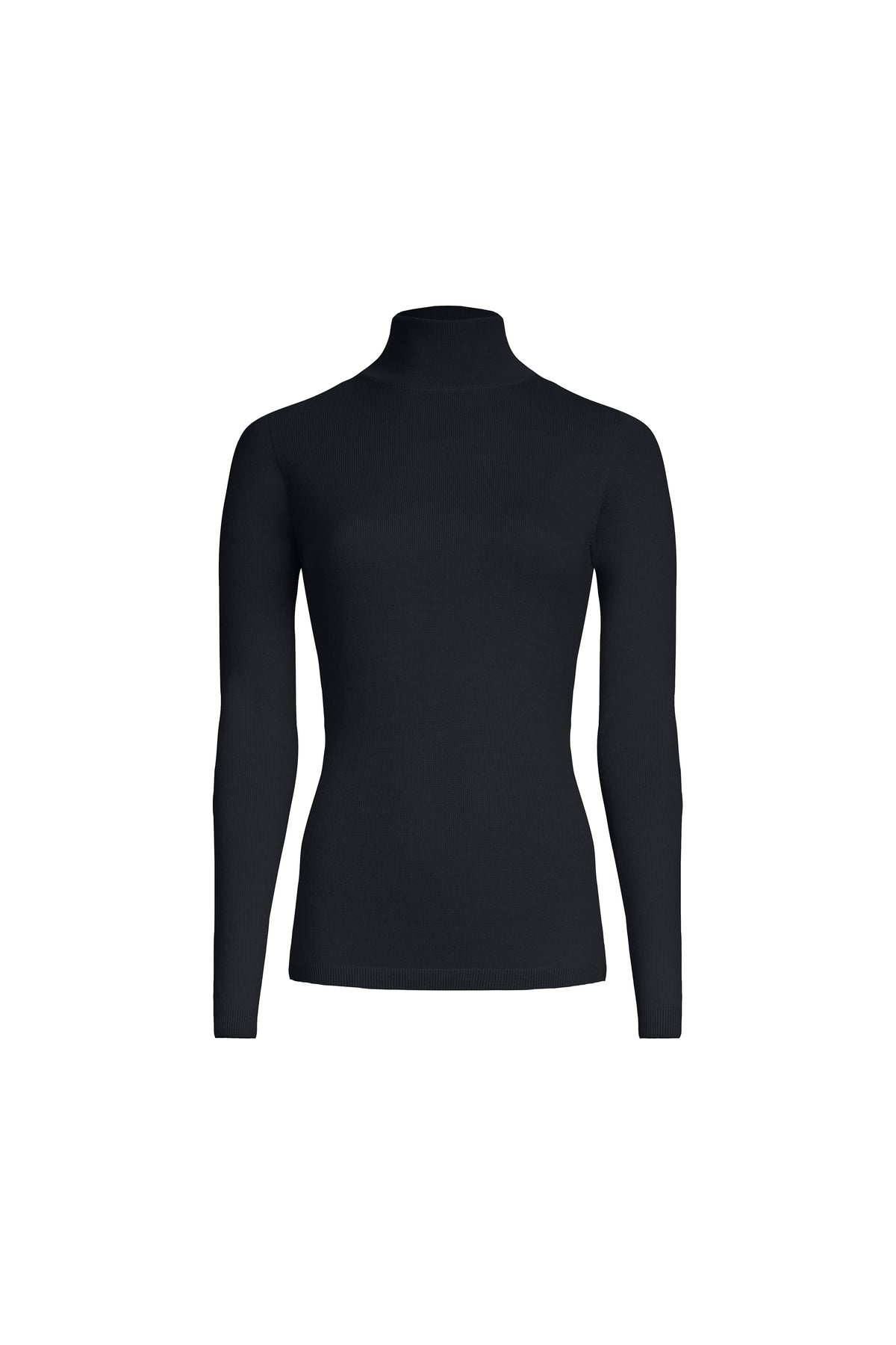 Black classic merino wool turtleneck with elongated silhouette and soft stand collar, front view
