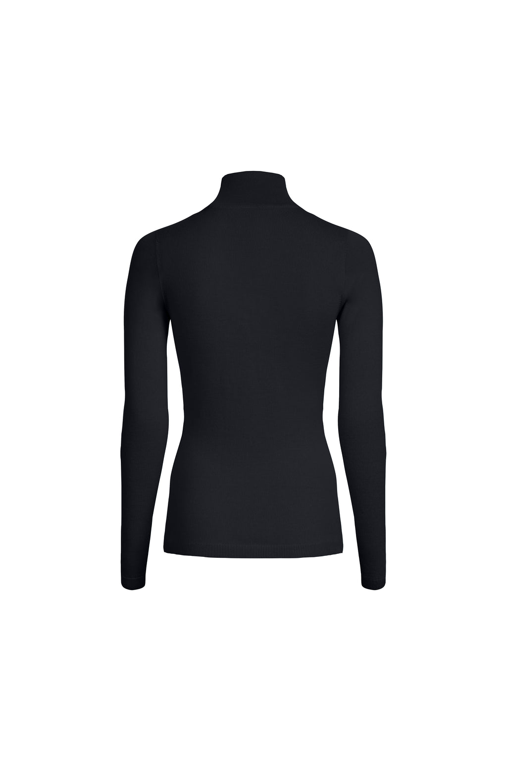 Black classic merino wool turtleneck with elongated silhouette and soft stand collar, back view