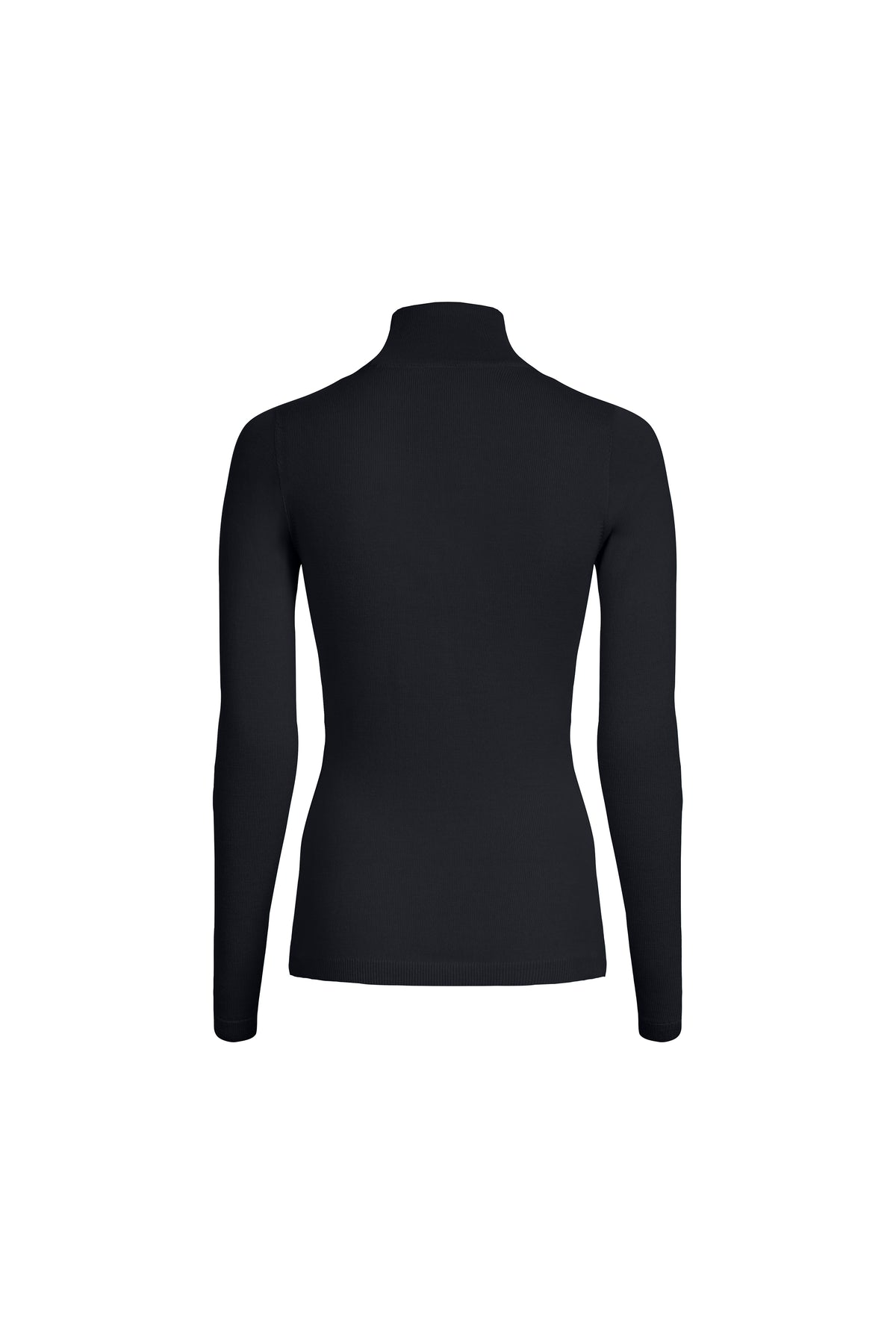 Black classic merino wool turtleneck with elongated silhouette and soft stand collar, back view