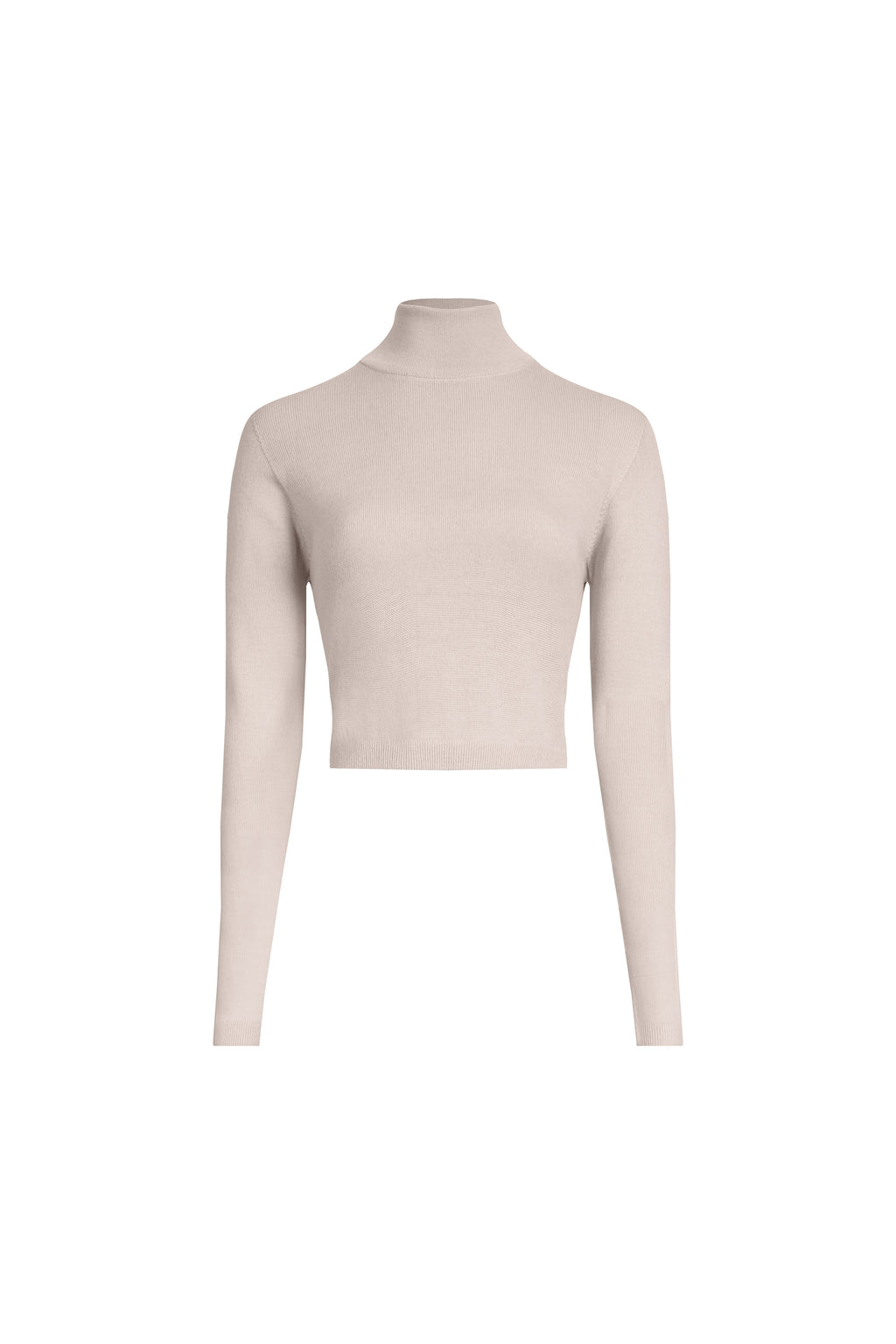 Beige cropped merino wool turtleneck sweater front view, fine rib knit and clean stand collar