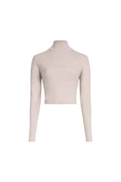 Beige cropped merino wool turtleneck sweater front view, fine rib knit and clean stand collar