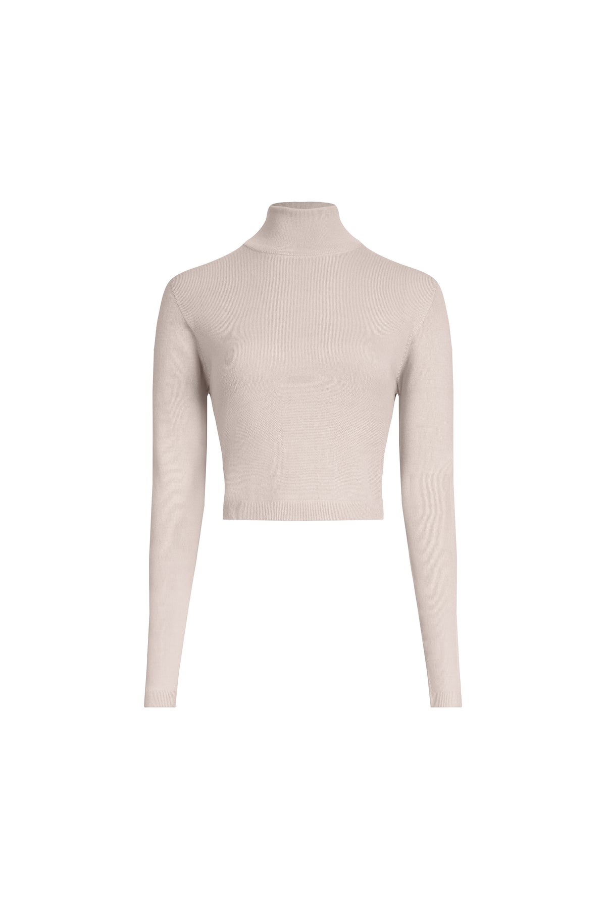 Beige cropped merino wool turtleneck sweater front view, fine rib knit and clean stand collar