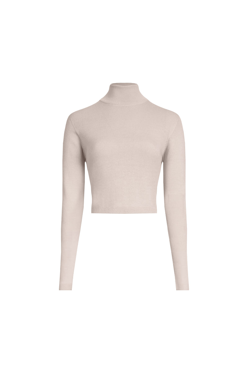 Beige cropped merino wool turtleneck sweater front view, fine rib knit and clean stand collar