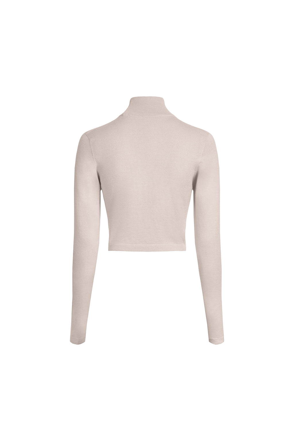 Beige cropped merino wool turtleneck sweater back view, fine rib knit and cropped silhouette
