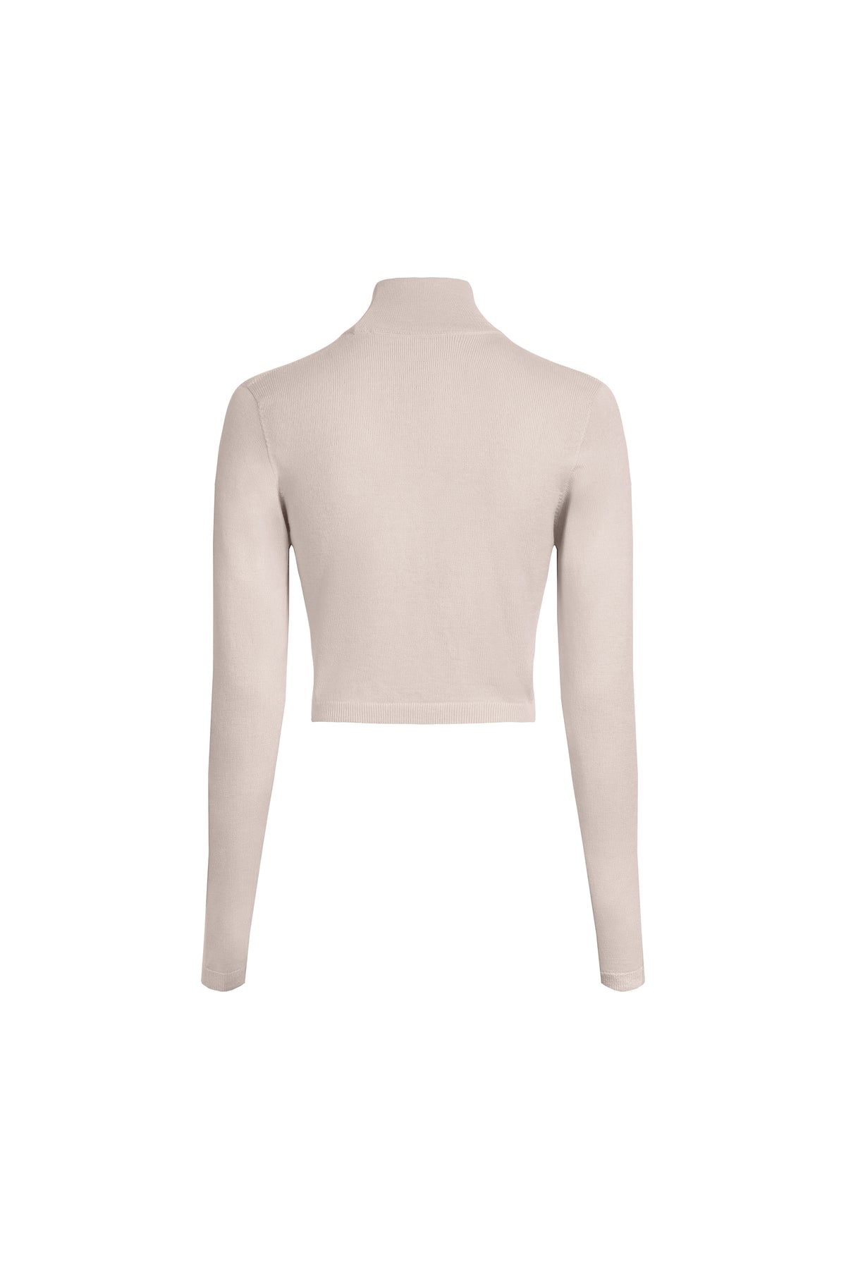 Beige cropped merino wool turtleneck sweater back view, fine rib knit and cropped silhouette