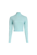 Clear aqua cropped merino wool turtleneck sweater front view, fine rib knit and clean stand collar
