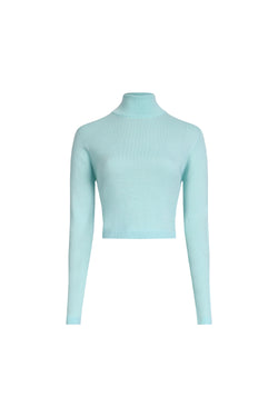 Clear aqua cropped merino wool turtleneck sweater front view, fine rib knit and clean stand collar