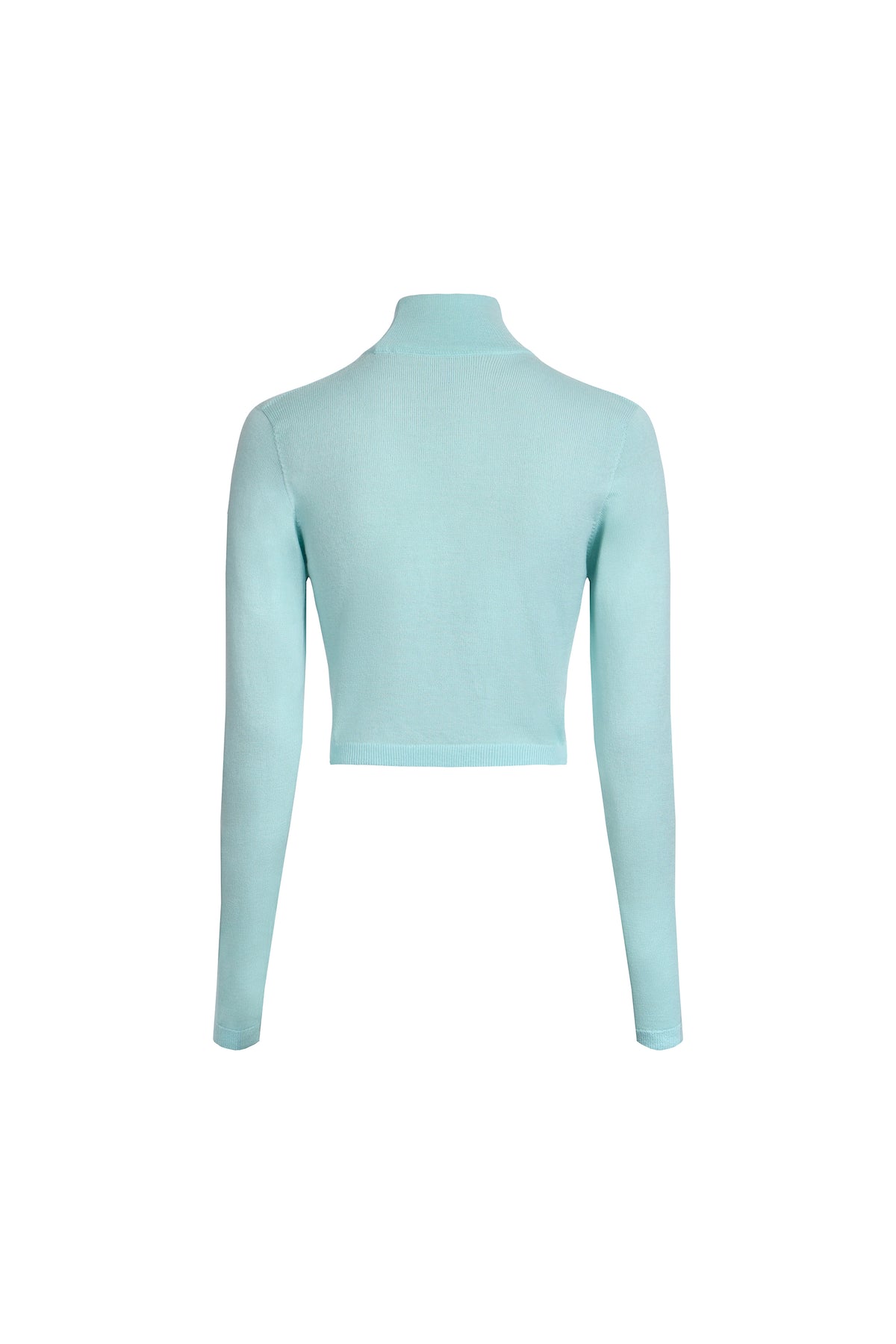 Clear aqua cropped merino wool turtleneck sweater back view, fine rib knit and cropped silhouette