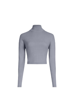 Grey cropped merino wool turtleneck front view on light background