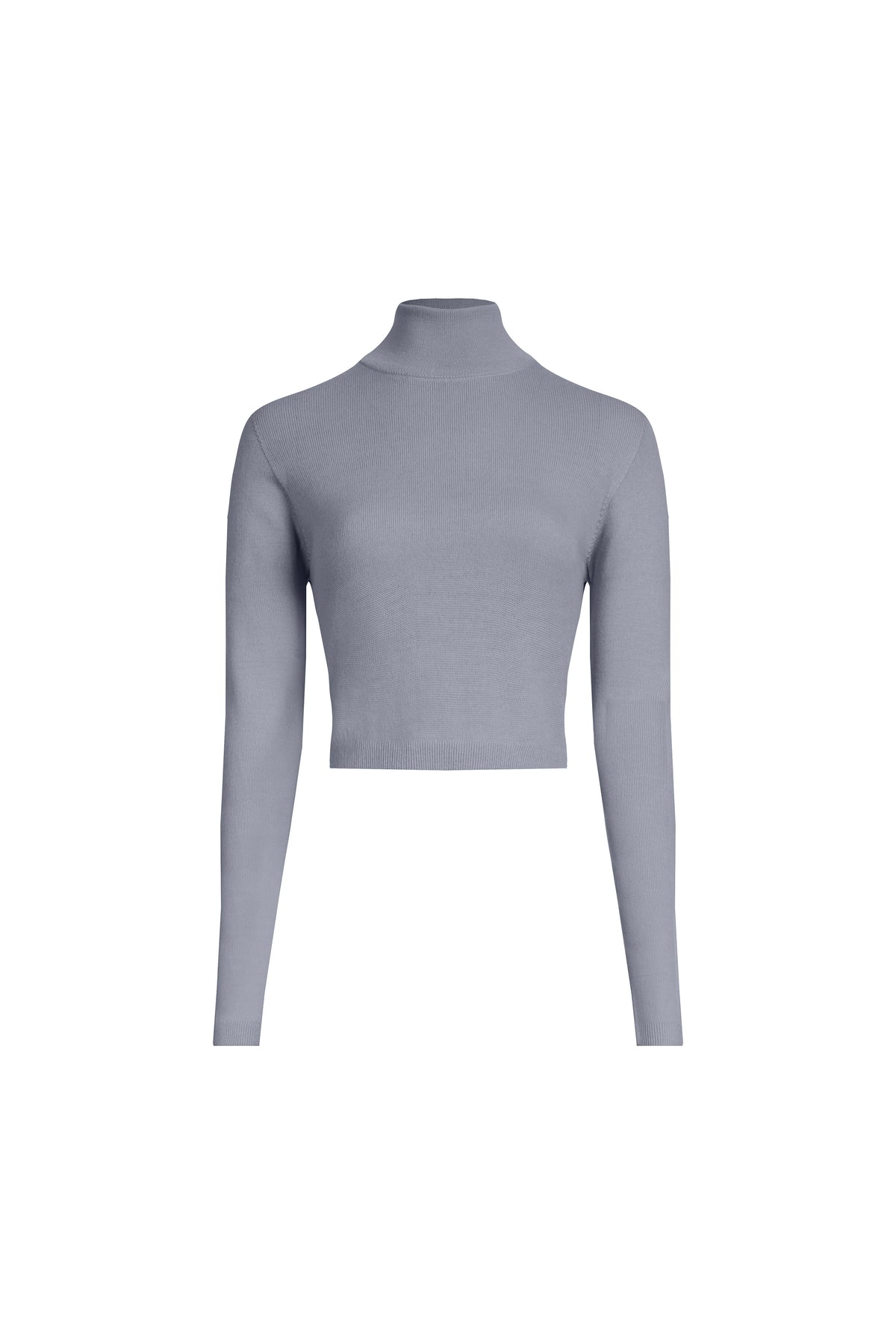 Grey cropped merino wool turtleneck front view on light background