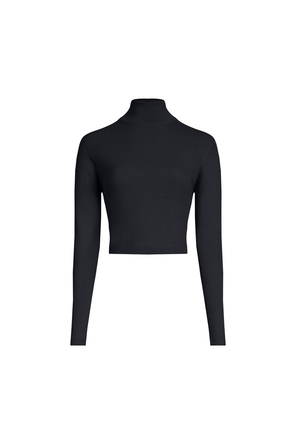 Black cropped merino turtleneck sweater front view, fine rib knit