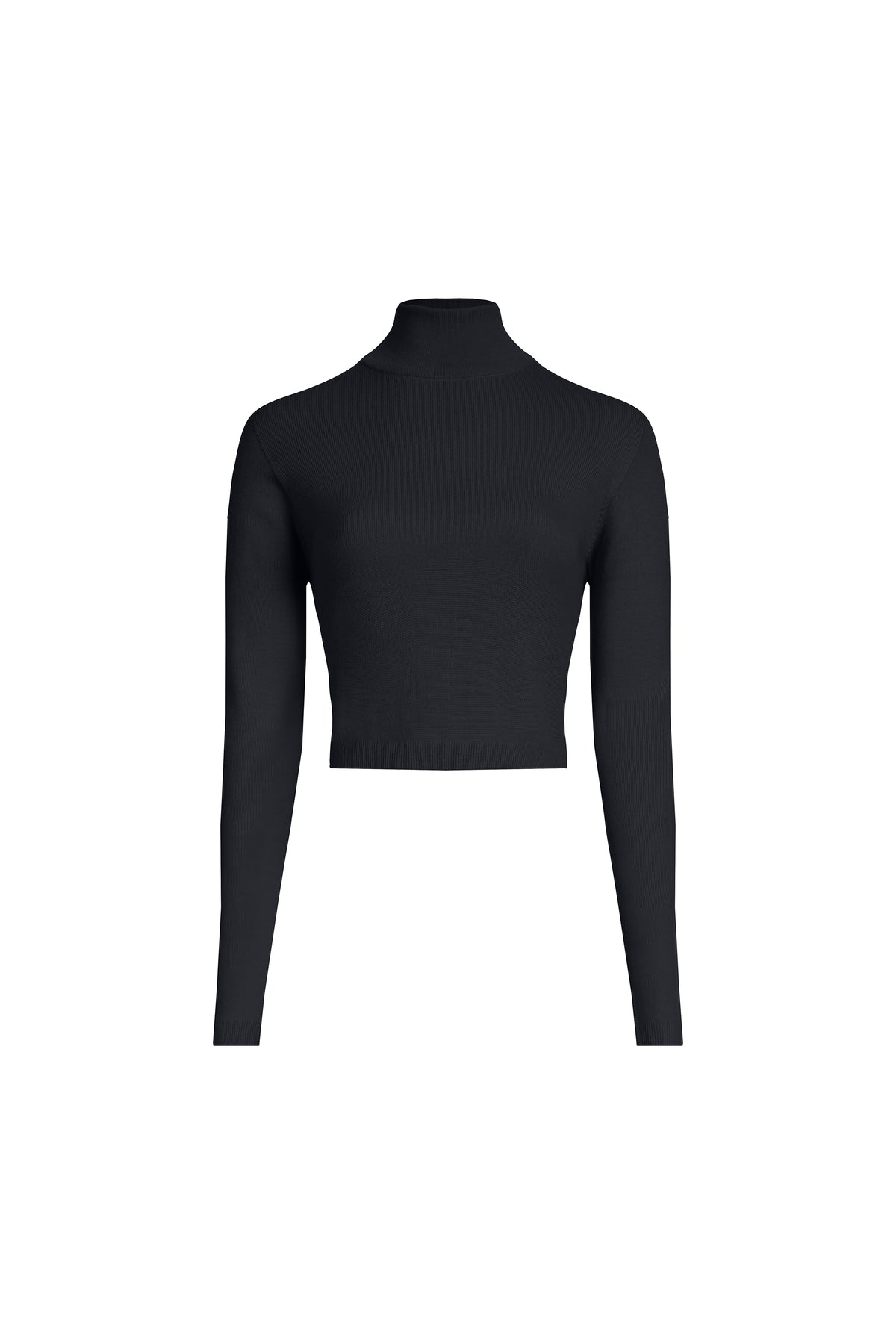 Black cropped merino turtleneck sweater front view, fine rib knit