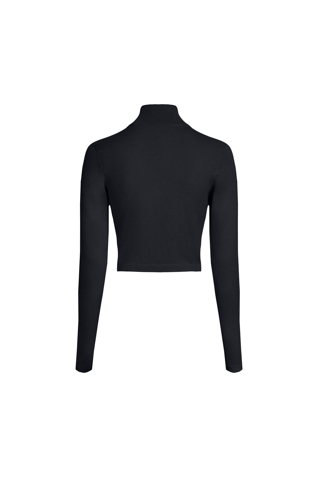 Black cropped merino turtleneck sweater back view, fine rib knit