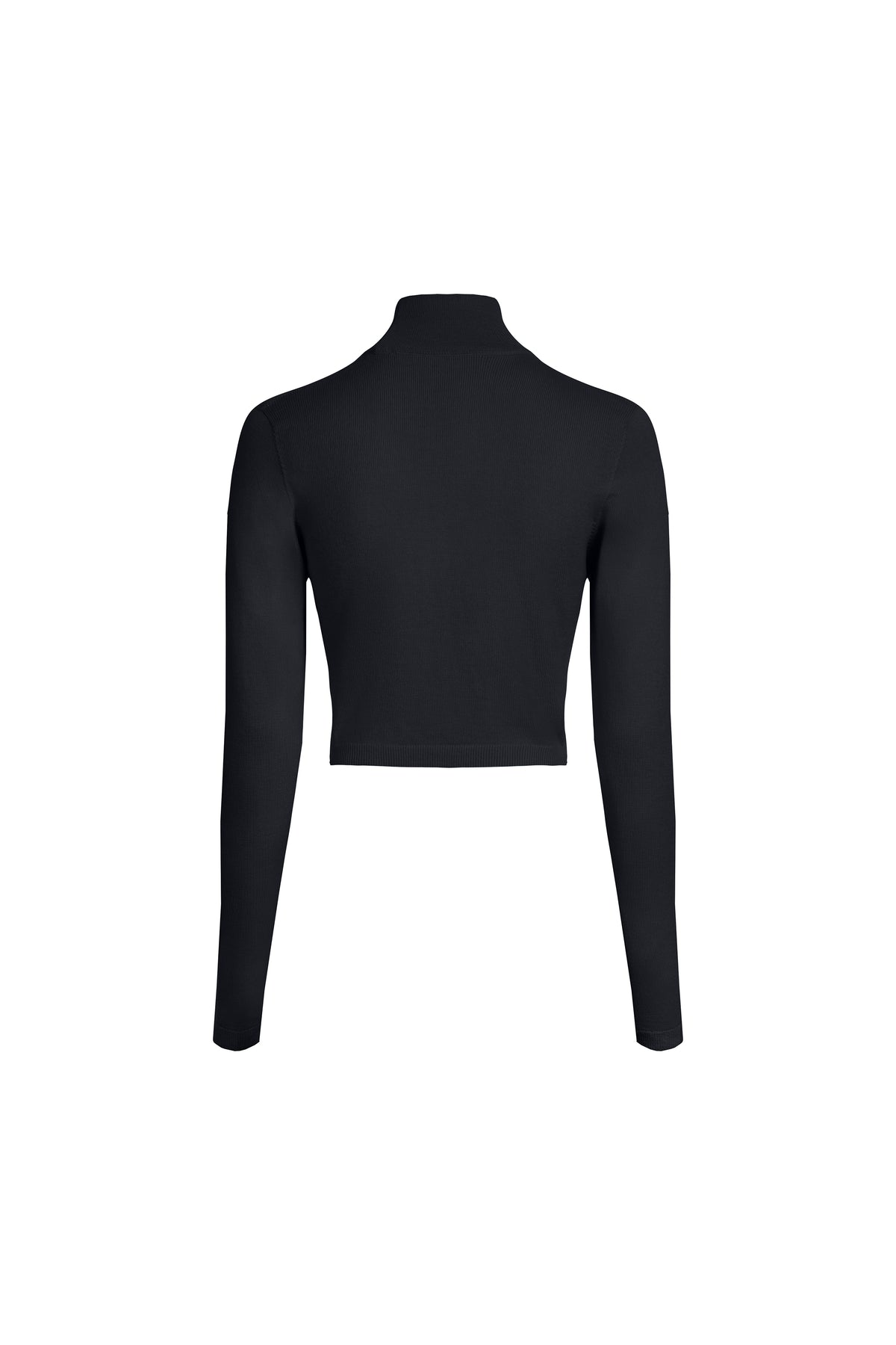 Black cropped merino turtleneck sweater back view, fine rib knit
