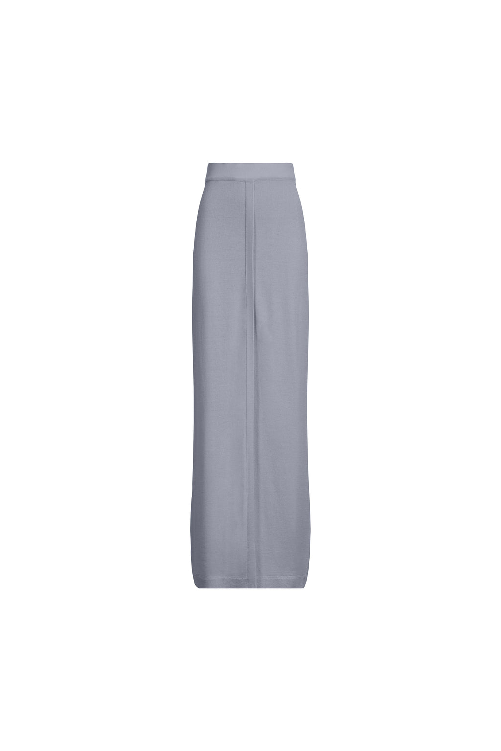 Grey merino planked knit skirt with front slit, front view