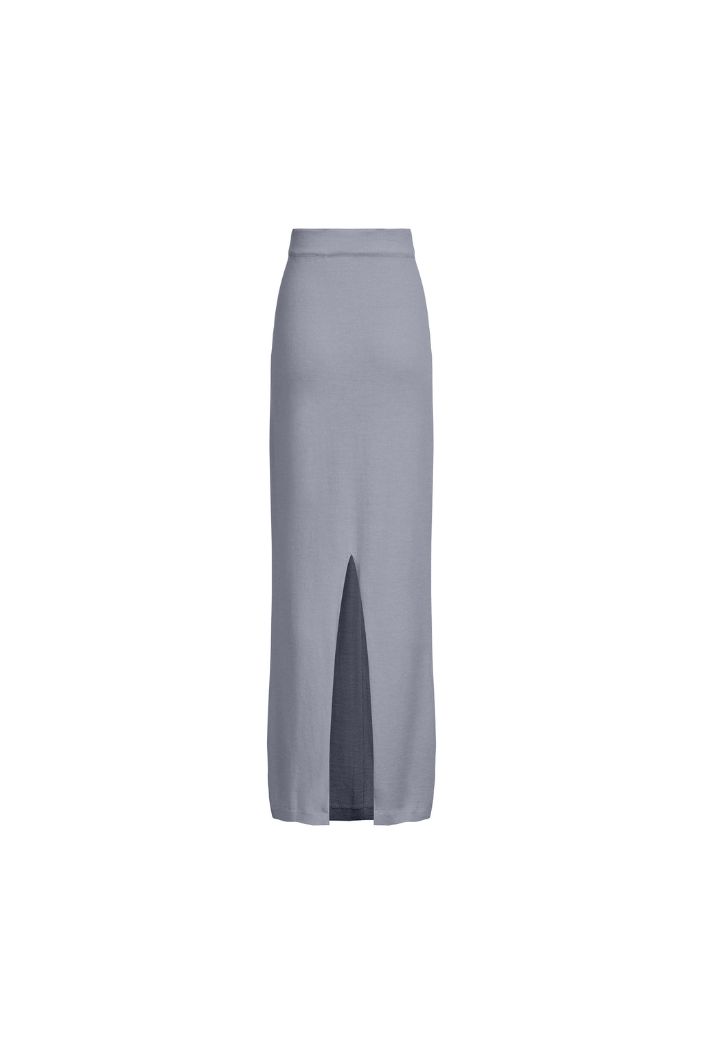 Grey merino planked knit skirt, elongated column silhouette, back view