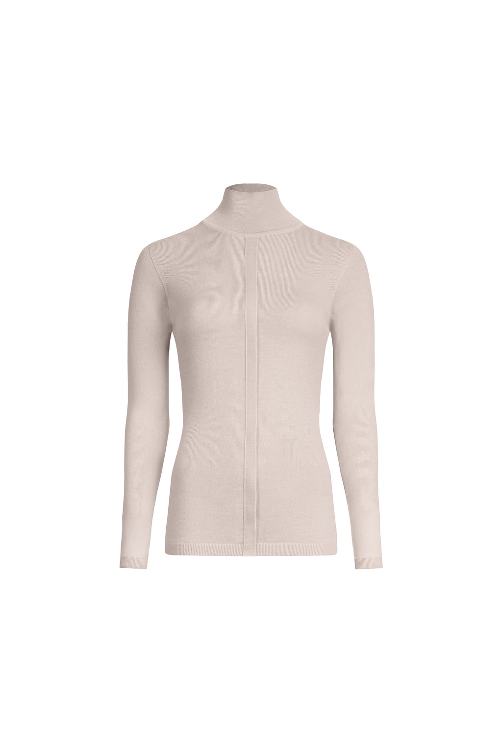 Beige merino wool placket turtleneck front view on light background