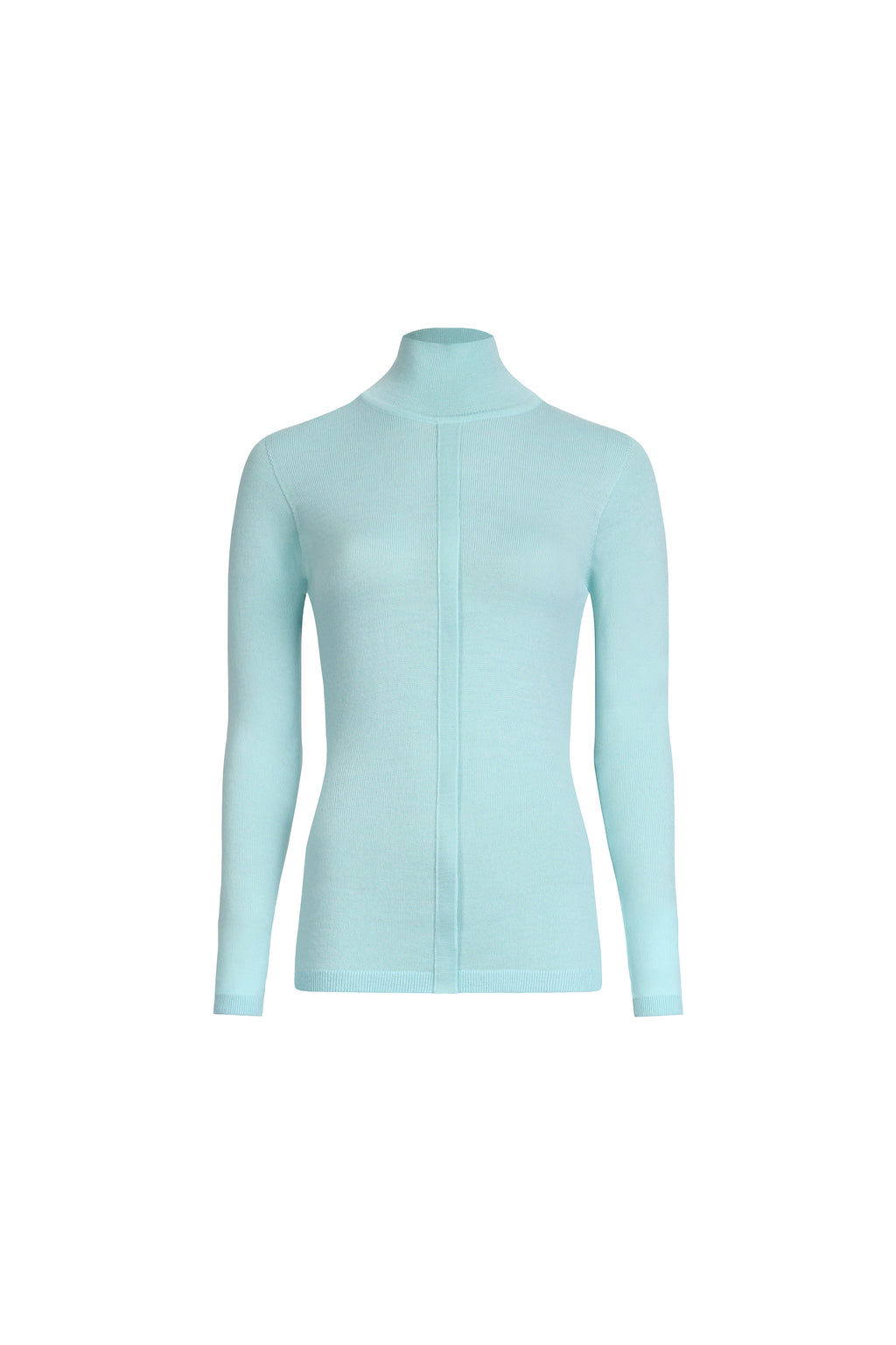 Clear aqua merino wool turtleneck sweater with structured front placket, front view