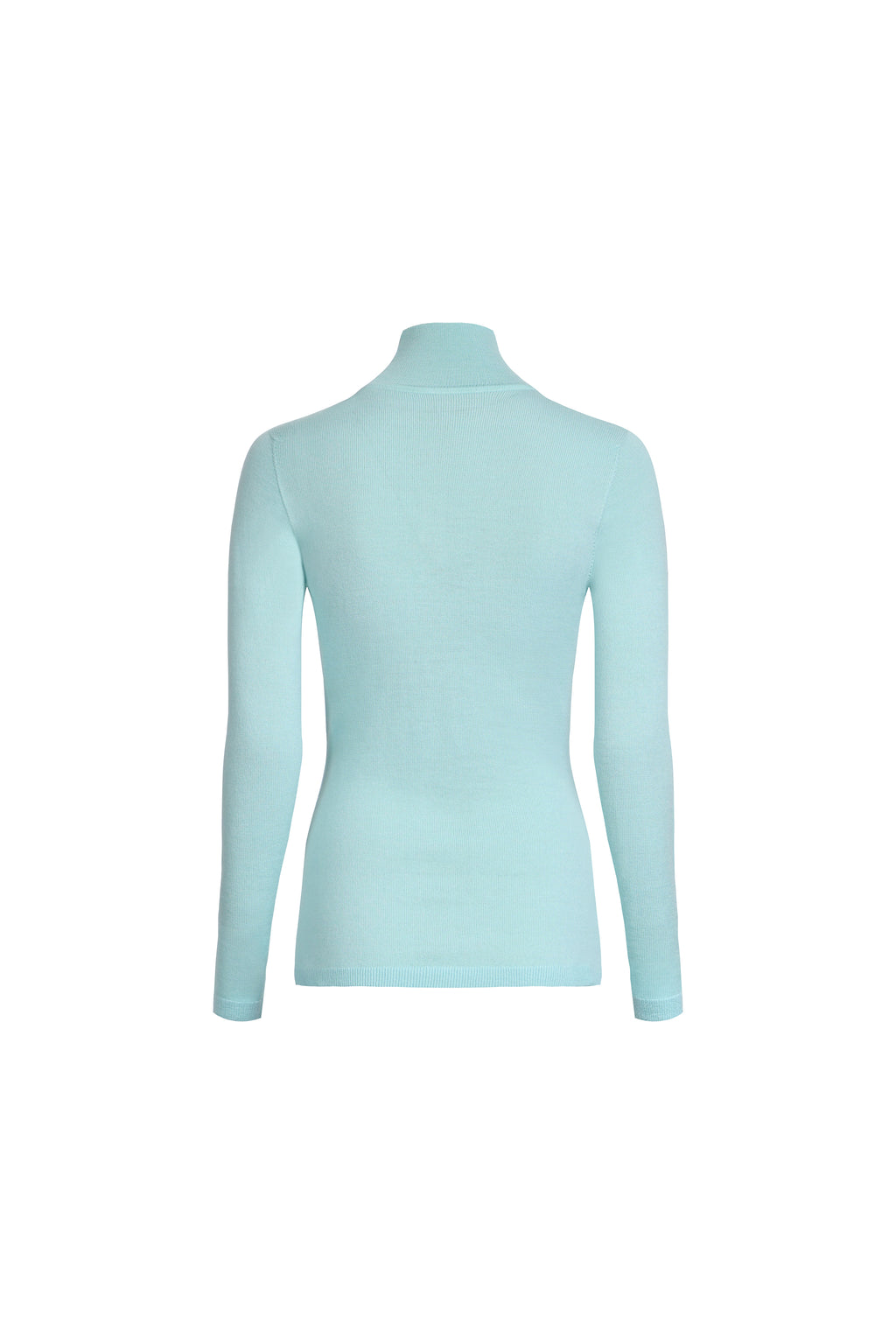 Clear aqua merino wool turtleneck sweater with structured front placket, back view