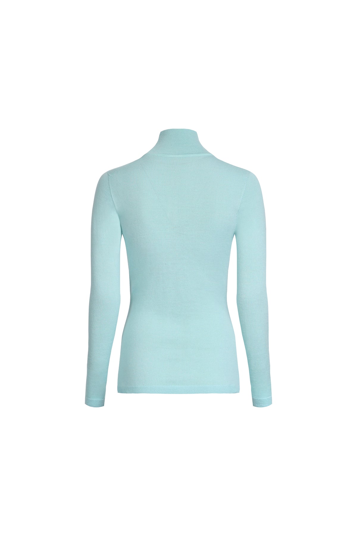 Clear aqua merino wool turtleneck sweater with structured front placket, back view