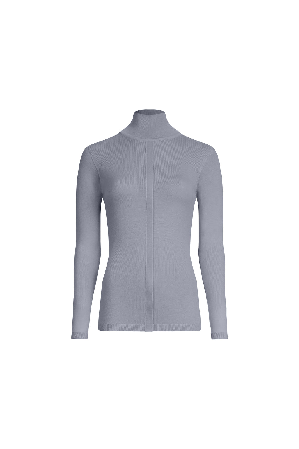 Grey merino wool placket turtleneck sweater with structured collar, front view
