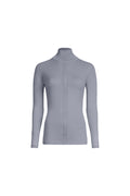 Grey merino wool placket turtleneck sweater with structured collar, front view